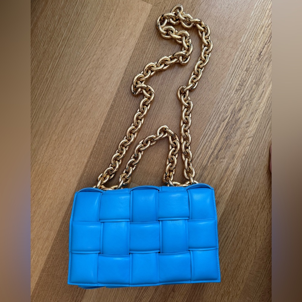 Bottega Veneta Lambskin Intrecciato Padded Chain Cassette Bag in Swimming Pool